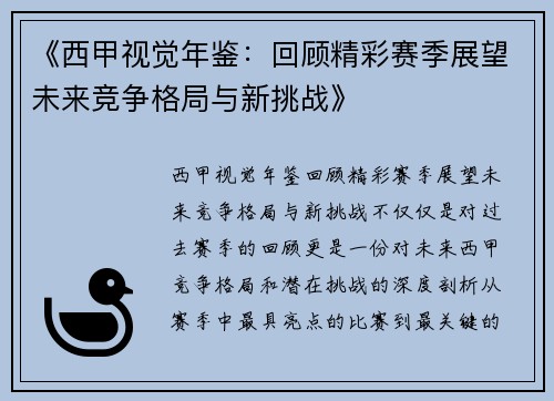 《西甲视觉年鉴：回顾精彩赛季展望未来竞争格局与新挑战》