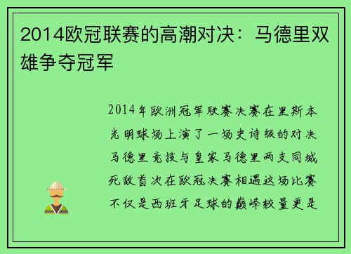 2014欧冠联赛的高潮对决：马德里双雄争夺冠军